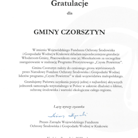 List Gratulacyjny dla Gminy Czorsztyn
