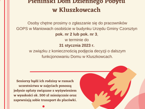 Nabór osób chętnych do uczestnictwa w zajęciach prowadzonych przez Pieniński Dom Dziennego Pobytu w Kluszkowcach