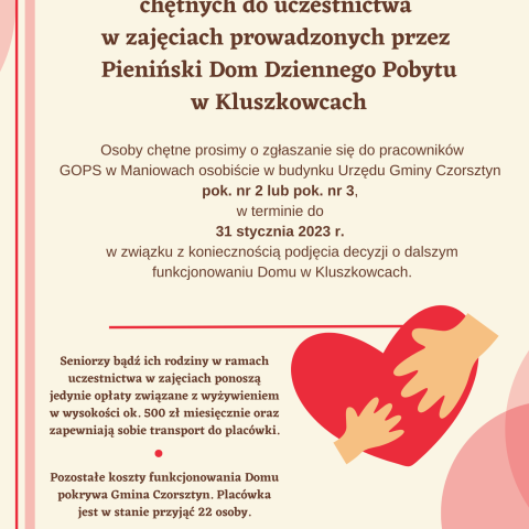 Nabór osób chętnych do uczestnictwa w zajęciach prowadzonych przez Pieniński Dom Dziennego Pobytu w Kluszkowcach