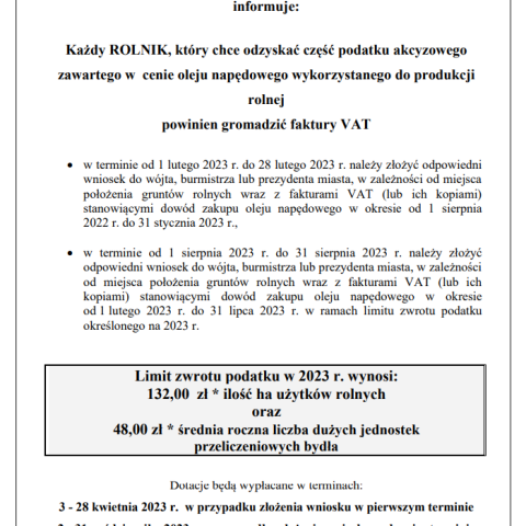 Informacja Ministra Rolnictwa i Rozwoju Wsi w sprawie zwrotu części podatku akcyzowego