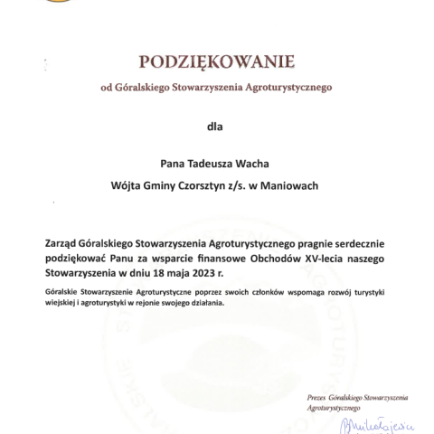Podziękowanie od Góralskiego Stowarzyszenia  Agroturystycznego