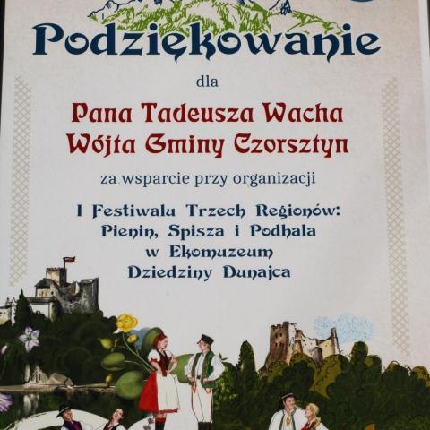 Podziękowania dla Wójta Gminy Czorsztyn za wsparcie I Festiwalu Trzech Regionów w Niedzicy