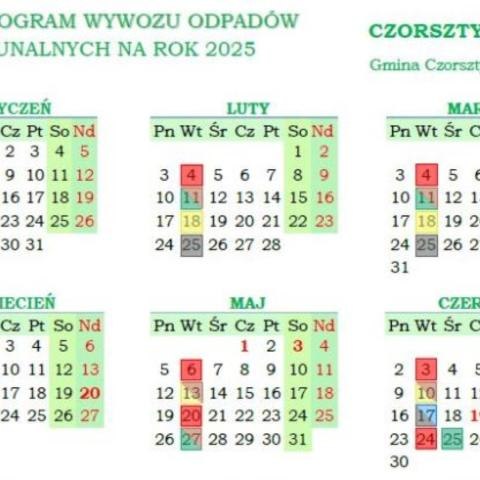 Harmonogram wywozu odpadów komunalnych na terenie Gminy Czorsztyn
