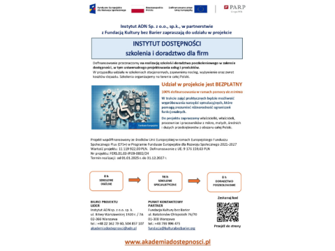 Instytut ADN sp. z o.o. sp. k. oraz  Fundacja Kultury bez Barier zapraszają Przedsiębiorców do udziału w projekcie Instytut Dostępności - szkolenia i doradztwo dla firm