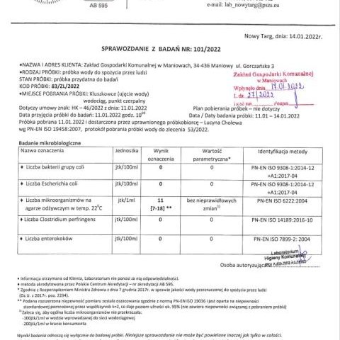 Sprawozdanie z badań wody z dnia 14.01.2022 r.