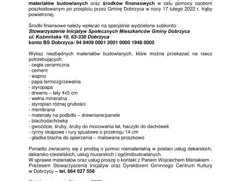 Informacja o zbiórce w celu pomocy osobom poszkodowanym po przejściu trąby powietrznej przez Gminę Dobrzyca w nocy 17 lutego 2022 r.