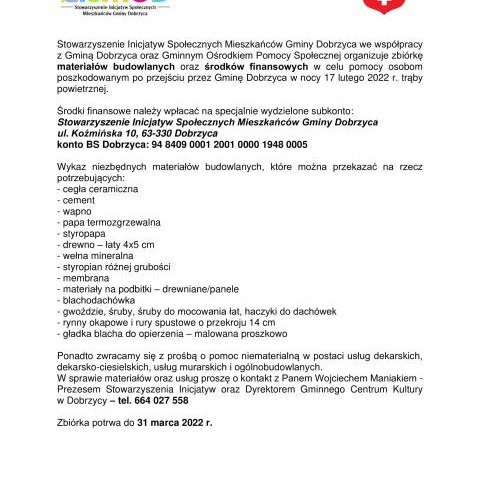 Informacja o zbiórce w celu pomocy osobom poszkodowanym po przejściu trąby powietrznej przez Gminę Dobrzyca w nocy 17 lutego 2022 r.