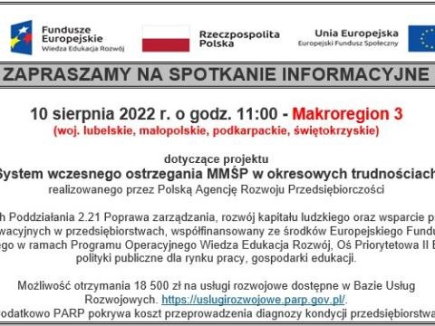 SPOTKANIE INFORMACYJNE dotyczące projektu „System wczesnego ostrzegania MMŚP w okresowych trudnościach”