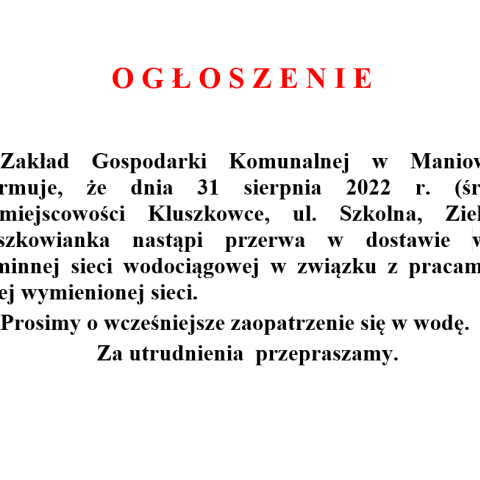 Przerwa w dostawie wody w Kluszkowcach