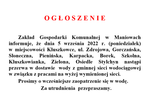 Przerwa w dostawie wody w Kluszkowcach