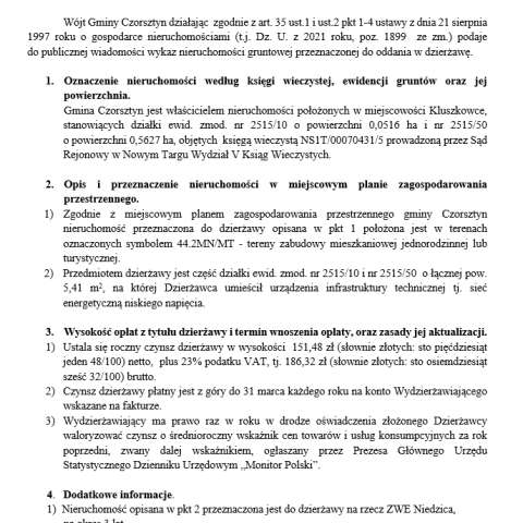 Wójt Gminy Czorsztyn podaje do publicznej wiadomości wykaz nieruchomości gruntowej przeznaczonej do oddania w dzierżawę