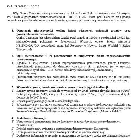Wójt Gminy Czorsztyn podaje do publicznej wiadomości wykaz nieruchomości gruntowej przeznaczonej do oddania w dzierżawę