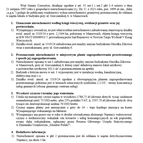 Wójt Gminy Czorsztyn podaje do publicznej wiadomości wykaz nieruchomości gruntowej przeznaczonej do oddania w dzierżawę