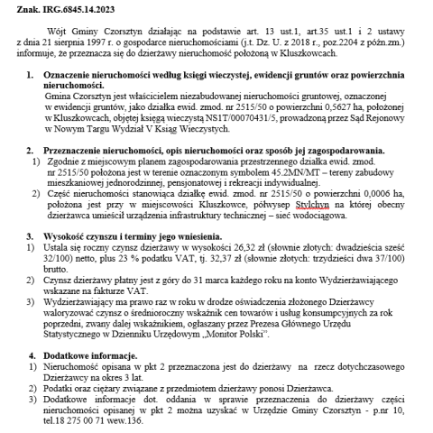 Wójt Gminy Czorsztyn podaje do publicznej wiadomości wykaz nieruchomości przeznaczonej do oddania w dzierżawę