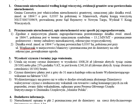 Wójt Gminy Czorsztyn podaje do publicznej wiadomości wykaz nieruchomości przeznaczonej do oddania w dzierżawę