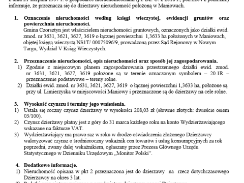 Wójt Gminy Czorsztyn podaje do publicznej wiadomości wykaz nieruchomości przeznaczonej do oddania w dzierżawę