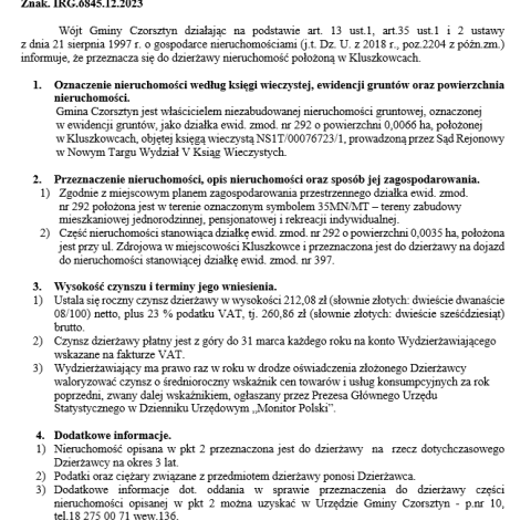 Wójt Gminy Czorsztyn podaje do publicznej wiadomości wykaz nieruchomości przeznaczonej do oddania w dzierżawę