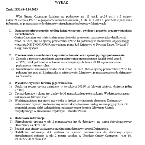 Wójt Gminy Czorsztyn podaje do publicznej wiadomości wykaz nieruchomości przeznaczonej do oddania w dzierżawę