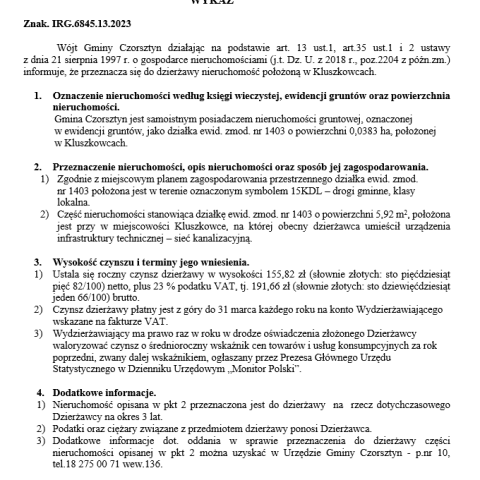 Wójt Gminy Czorsztyn podaje do publicznej wiadomości wykaz nieruchomości przeznaczonej do oddania w dzierżawę