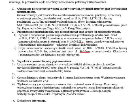 Wójt Gminy Czorsztyn podaje do publicznej wiadomości wykaz nieruchomości przeznaczonej do oddania w dzierżawę