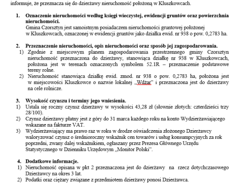 Wójt Gminy Czorsztyn podaje do publicznej wiadomości wykaz nieruchomości przeznaczonej do oddania w dzierżawę