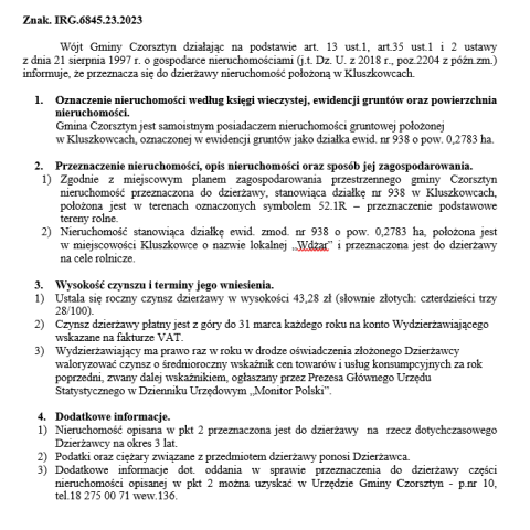 Wójt Gminy Czorsztyn podaje do publicznej wiadomości wykaz nieruchomości przeznaczonej do oddania w dzierżawę