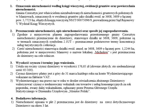 Wójt Gminy Czorsztyn podaje do publicznej wiadomości wykaz nieruchomości przeznaczonej do oddania w dzierżawę