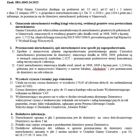 Wójt Gminy Czorsztyn podaje do publicznej wiadomości wykaz nieruchomości przeznaczonej do oddania w dzierżawę