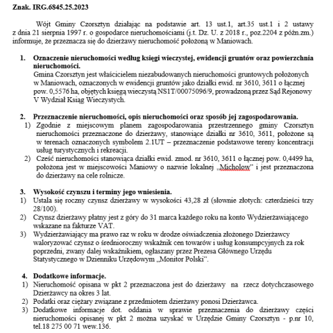 Wójt Gminy Czorsztyn podaje do publicznej wiadomości wykaz nieruchomości przeznaczonej do oddania w dzierżawę
