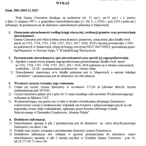 Wójt Gminy Czorsztyn podaje do publicznej wiadomości wykaz nieruchomości przeznaczonej do oddania w dzierżawę
