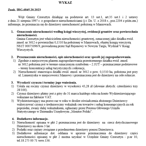 Wójt Gminy Czorsztyn podaje do publicznej wiadomości wykaz nieruchomości przeznaczonej do oddania w dzierżawę