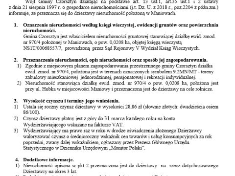 Wójt Gminy Czorsztyn podaje do publicznej wiadomości wykaz nieruchomości przeznaczonej do oddania w dzierżawę