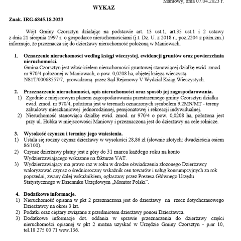 Wójt Gminy Czorsztyn podaje do publicznej wiadomości wykaz nieruchomości przeznaczonej do oddania w dzierżawę