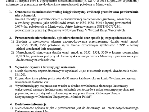 Wójt Gminy Czorsztyn podaje do publicznej wiadomości wykaz nieruchomości przeznaczonej do oddania w dzierżawę
