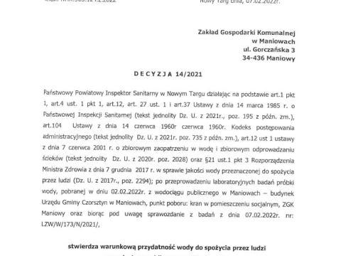 Wyniki badań wody z dnia 07.02.2022 r.