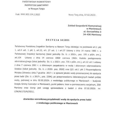 Wyniki badań wody z dnia 07.02.2022 r.