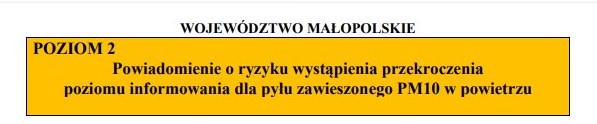 Powiadomienie o ryzyku wystąpienia przekroczenia  poziomu informowania dla pyłu zawieszonego PM10 w powietrzu