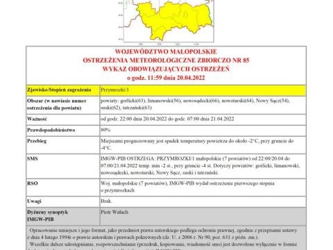 Ostrzeżenie meteorologiczne nr 85 - przymrozki