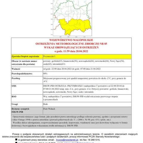 Ostrzeżenie meteorologiczne nr 85 - przymrozki