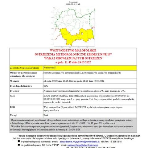 Ostrzeżenie meteorologiczne nr 107 - przymrozki