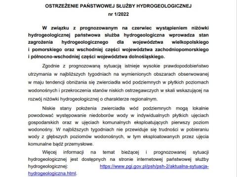 OSTRZEŻENIE PAŃSTWOWEJ SŁUŻBY HYDROGEOLOGICZNEJ nr 1/2022