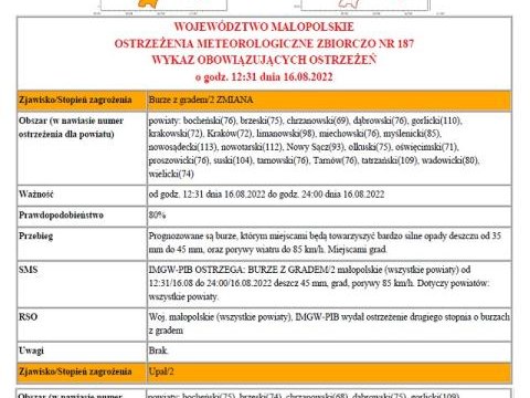 Ostrzeżenie meteorologiczne nr 187 - burze z gradem/ upał